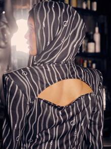 XIAOWU ZHENG 设计师拉链印花镂空抽绳连帽优雅连衣裙，适合节日、派对、生日服装、节庆、婚礼舞会礼服 - 彩色 - 查看 3