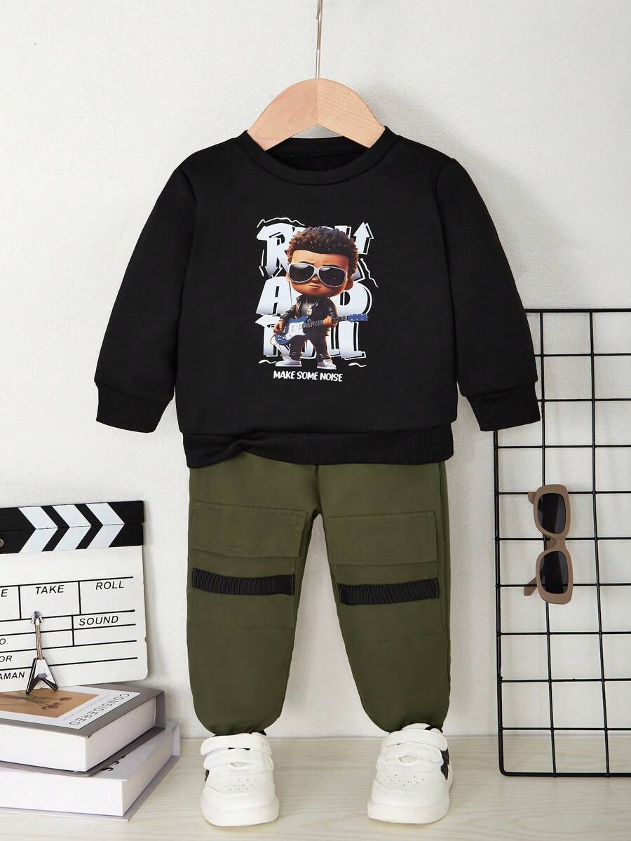 時尚舒適的2入組嬰兒男孩街頭風格印花運動衫和彈性腰部工裝褲 - 黑色 - 查看 1