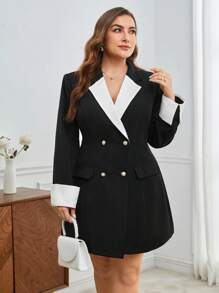 BizChic 大尺碼女款拼色翻領長袖夾克 - 黑色 - 查看 1