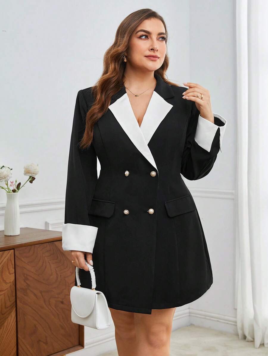 BizChic 大尺碼女款拼色翻領長袖夾克 - 黑色 - 查看 1