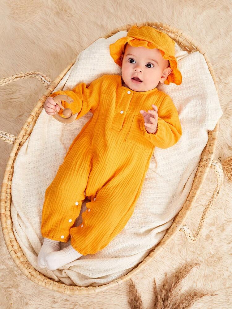 2pcs/set Infant Boys' Casual Vintage And Simple Jumpsuit With Hat For Outdoor Activities
