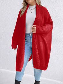 SHEIN CURVE+ Plus Size Solid Color Batwing Sleeve Cardigan - Red - View 5