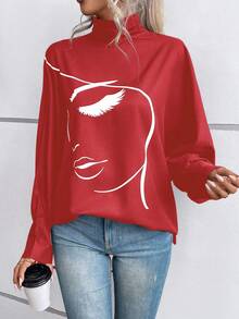 SHEIN LUNE 女士抽象人物印花蝙蝠袖上衣 - 紅色 - 查看 5