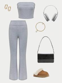 SHEIN Unity Của phụ nữ Màu thuần Ống ngọn & Quần loe Bộ - Xám - Xem 1