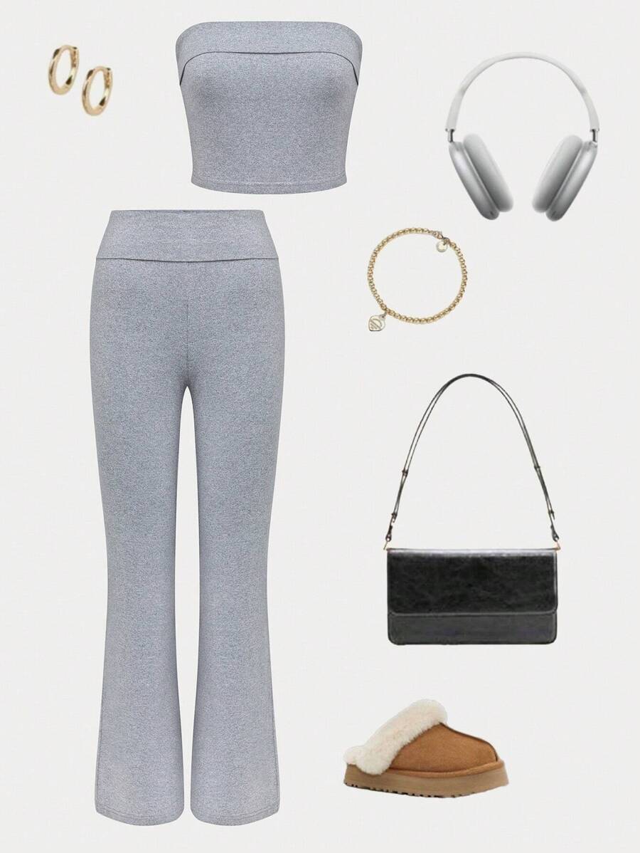 SHEIN Unity Của phụ nữ Màu thuần Ống ngọn & Quần loe Bộ - Xám - Xem 1