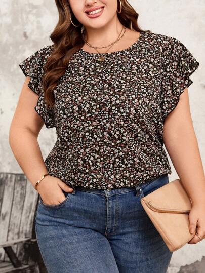 SHEIN LUNE Plus Size Women's Floral Print Ruffle Hem Blouse For Summer