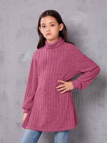 SHEIN 青少年女孩合身复古高领落肩罗纹长袖 T 恤 - 玫紅色 - 查看 3