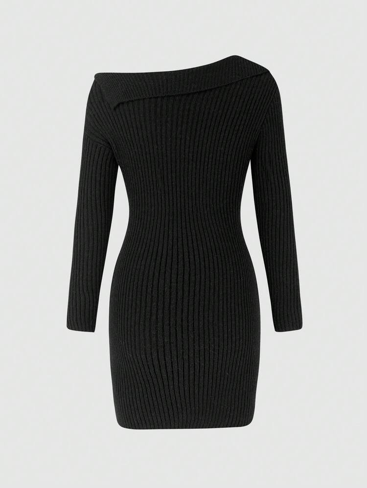 Women Asymmetrical Shoulder Button Knit Sweater Dress
