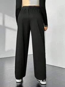 SHEIN EZwear 大號十字印花抽繩腰部斜口袋運動褲 - 黑色 - 查看 6
