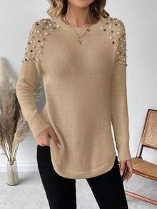 EMERY ROSE 女士珠飾細節長袖毛衣套頭衫 - 駝色 - 查看 5