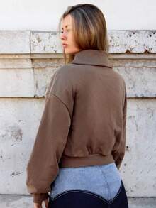 SHEIN Frenchy 女士半拉鍊立領下擺垂肩長袖運動衫 - 咖啡棕 - 查看 2