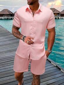 Manfinity Homme Men's Solid Color Short Sleeve Shirt And Shorts Two Piece Set