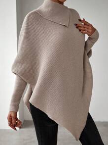 SHEIN Clasi Cổ giả tay cánh Viền không đối xứng Áo len Poncho - Lạc đà - Xem 3