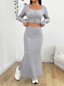 SHEIN EZwear 女款鈕扣前長袖上衣和裙子雙件套裝 - 灰色 - 查看 5