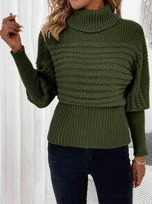 SHEIN Frenchy 女士高領鵝脯袖套頭毛衣 - 軍綠色 - 查看 4