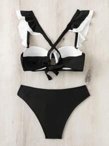 SHEIN Swim 夏季沙灘荷葉邊推擠彩塊比基尼套裝，嘉年華 - 黑與白 - 查看 4