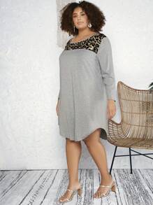 SHEIN CURVE+ Plus Size Leopard Print Patchwork Dress With Asymmetric Hemline - Light Grey - View 3
