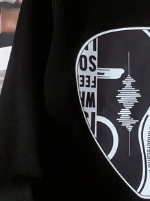 Men's Letter Print Drop Shoulder Round Neck Sweatshirt - Black - View 3