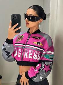 SHEIN ICON Chaqueta de mujer con estampado de letras, ropa de otoño estilo béisbol corto - Multicolor - Ver 1