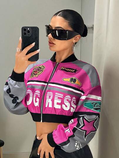 SHEIN ICON 女士字母印花短款棒球服秋装女式夹克