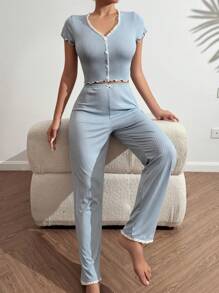 SHEIN Women's Lace Contrast Mesh Short Sleeve Top & Pants Pajama Set Bridallingerie - White - View 5