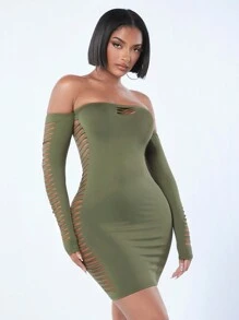 SHEIN SXY Women'S Green Off The Shoulder Hollow Out Mini Dress - Olive Green - View 4