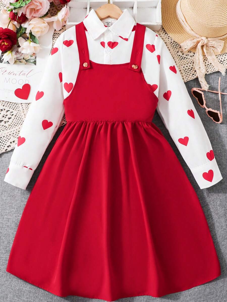 SHEIN Blusa De Manga Larga Y Vestido General Con Estampado De Corazones Para Niñas Preadolescentes, 2 Piezas/juego - Rojo - Ver 1