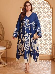 Al Najma Kích thước lớn In hoa Tay áo chuông Đầm - Màu xanh hải quân - Xem 5