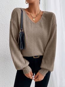 SHEIN Essnce 女款落肩落肩長袖t卹 - 卡其色 - 查看 6