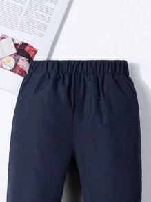 SHEIN Pantalón largo de estilo informal azul marino para niño pequeño, adecuado para todas las estaciones, apto para exteriores, apto para todas las ocasiones, clásico y versátil, cómodo de usar - Azul Marino - Ver 4