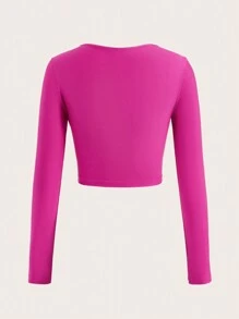 SHEIN ICON 深v領長袖緊身t恤,具有心型鑽石套鈕裝飾 - 玫紅色 - 查看 6
