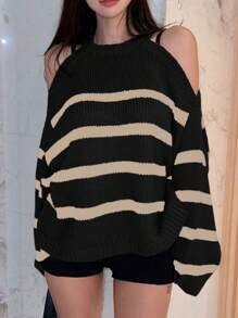 DAZY 女士条纹露肩宽松套头衫，秋冬 - 黑色 - 查看 4