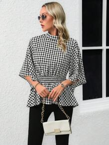 SHEIN Clasi Women's Houndstooth Ruffle Hem Going Out Spring Black Shirt,Three Quarter Sleeve Tops