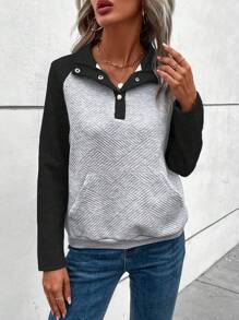 SHEIN LUNE 女款拼色插肩袖運動衫 - 黑色 - 查看 4