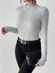 SHEIN Frenchy 生菜邊立領長袖t卹 - 灰色 - 查看 5