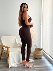 SHEIN SXY 情人節單肩性感服裝俱樂部女士緊身連體褲 - 棕色 - 查看 3