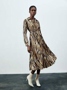 GENKIRA Zebra Print Long Sleeve Women'S Belted Shirt Dress - Multicolor - View 3