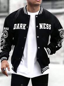 Manfinity EMRG Chaqueta Estilo Universitario Extragrande Con Estampado De Serpiente Y Letras Para Hombre - Negro - Ver 1