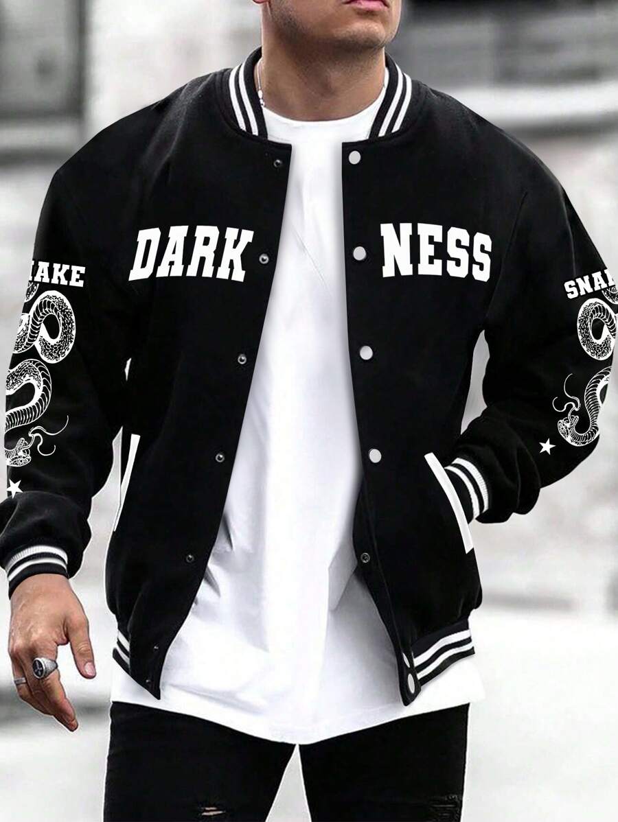 Manfinity EMRG Chaqueta Estilo Universitario Extragrande Con Estampado De Serpiente Y Letras Para Hombre - Negro - Ver 1