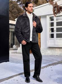 Manfinity Homme 男式超大号法兰绒拉链夹棉大衣 - 深灰色 - 查看 3