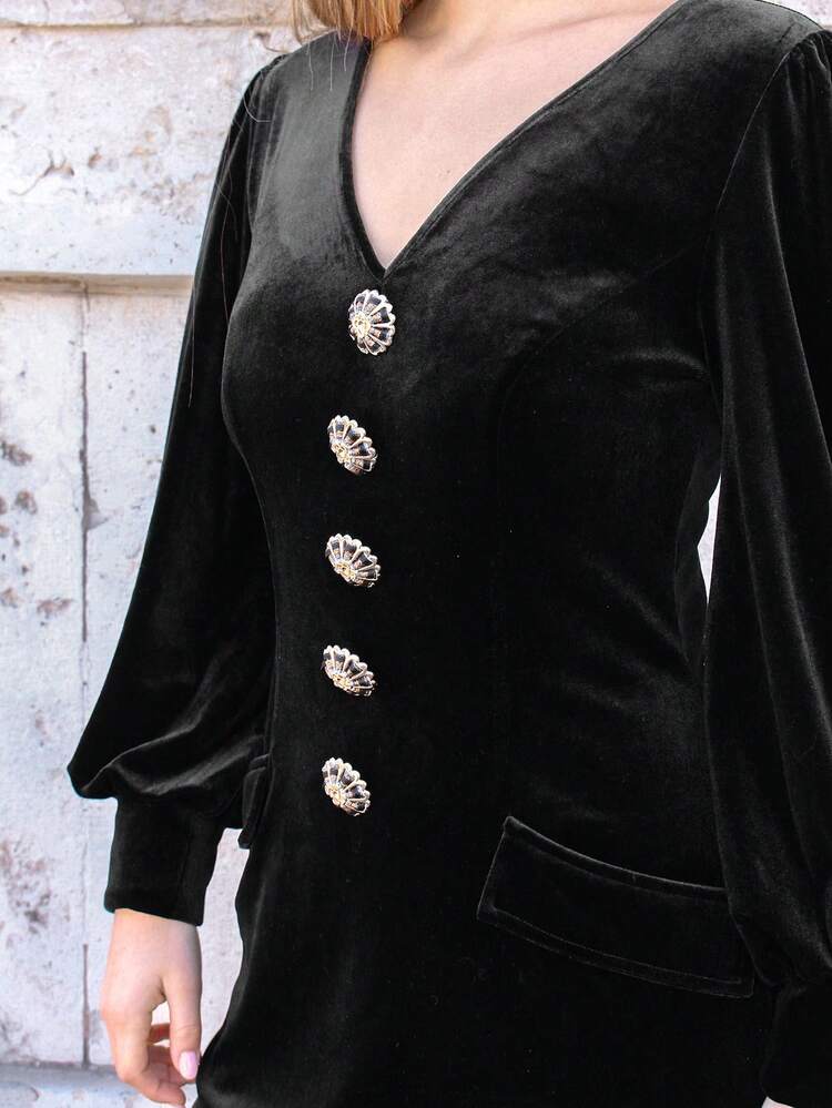 Women'S Velvet Solid Color Lantern Sleeve Dress With Large Buttons Winter Elegant Black Evening Dress