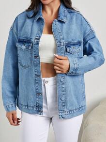 EURMUSE Women'S Flap Pocket Button Front Denim Jacket - Light Wash - View 6