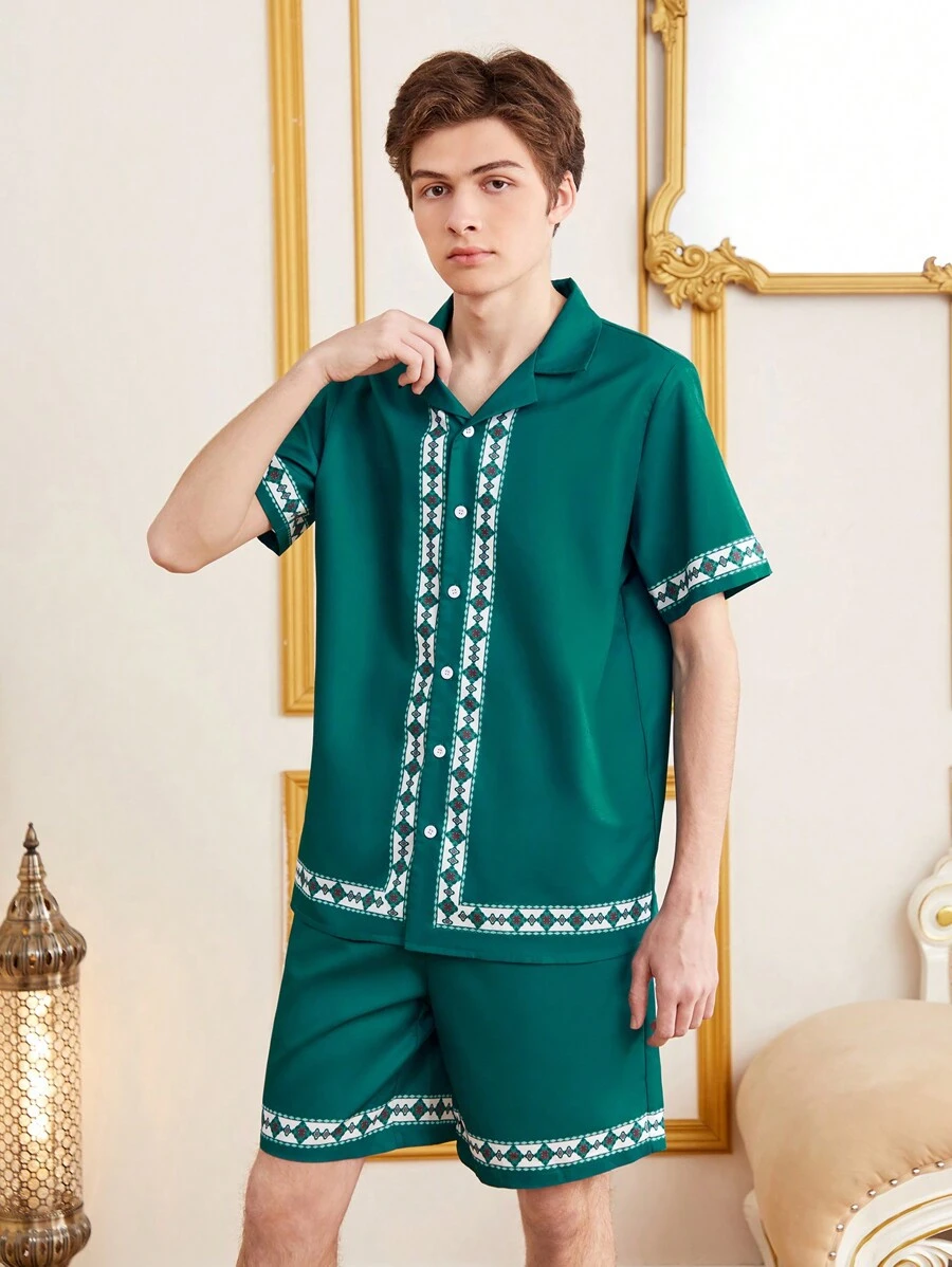 SHEIN Set de cămașă și pantaloni scurți cu mânecă scurtă, cu imprimeu geometric, pentru adolescenți, potrivit pentru vară
