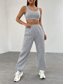 SHEIN EZwear 女款純色短背心和連身褲套裝 - 灰色 - 查看 4