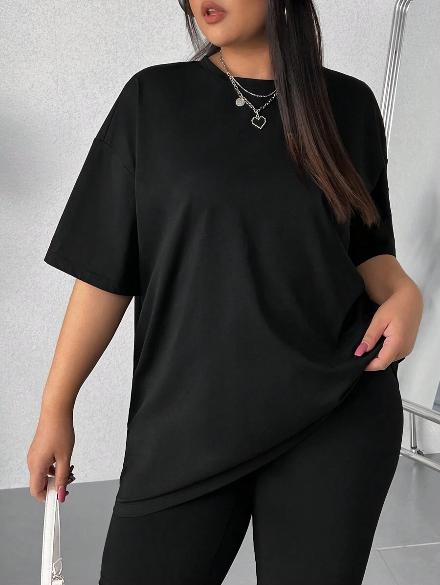 SHEIN EZwear Plus Size Round Neck Short Sleeve Casual T-shirt - Black - View 1