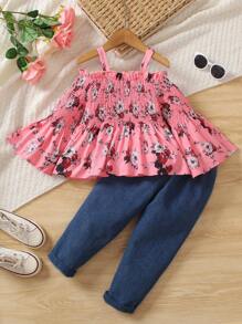 SHEIN Zweiteiliges Set Für Junge Mädchen, Bestehend Aus Shirred Floral Top Mit Ausgestellten Ärmeln Und Denim-effekt Hose