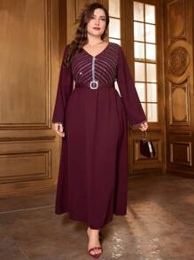 Modelyn Burgundy Red Plus Size V-Neck Long Sleeve Dress With Rhinestone Decoration