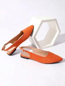 Ladies' Simple Style Faux Suede Pointed Toe Backless Mules With Open Back & Low Block Heel - Orange - View 5