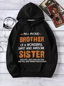 男士標語印花連帽衫 - 黑色 - 查看 1