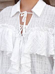 SHEIN Frenchy Tie Neck Ruffle Lantern Sleeve Blouse Winter White Casual